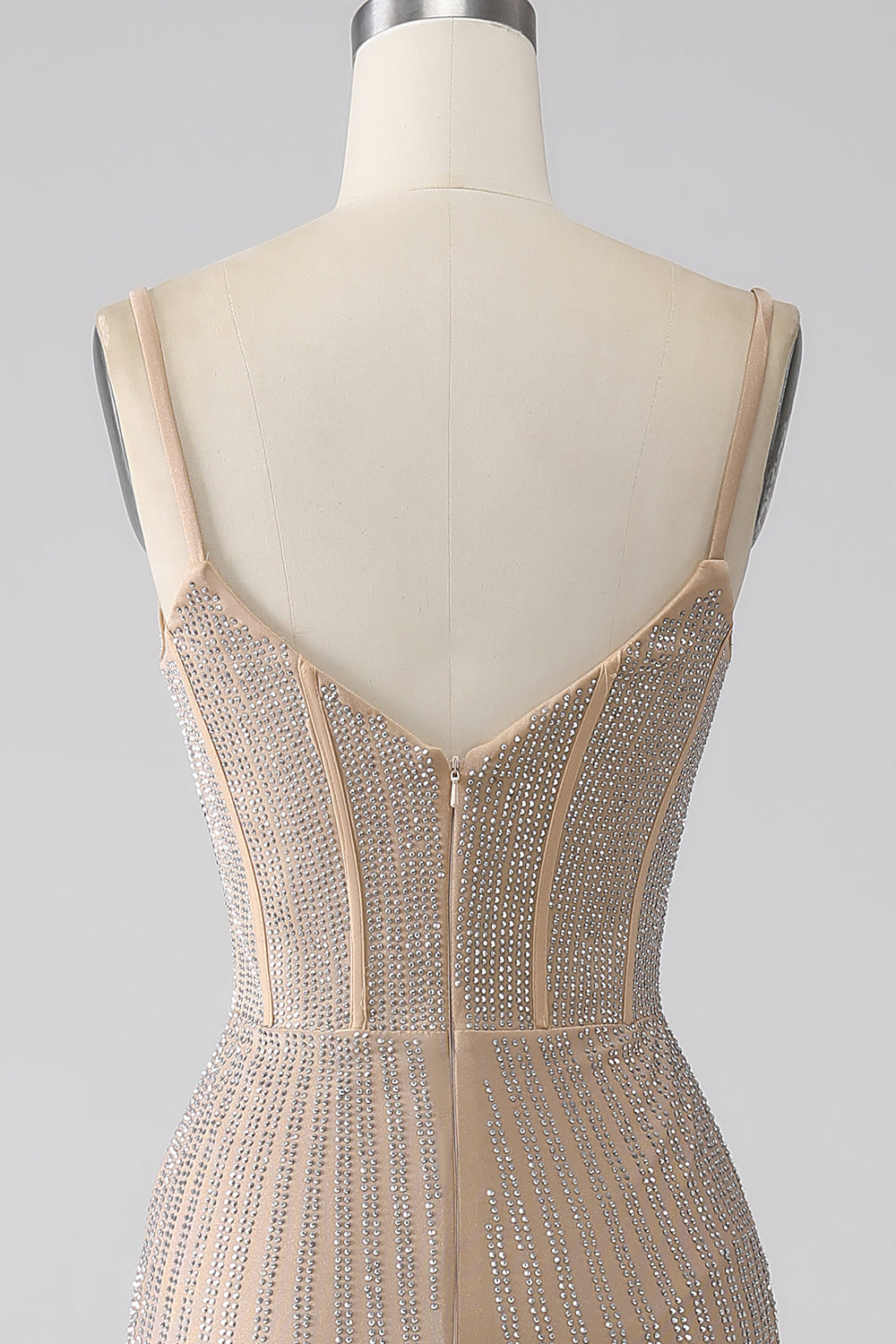 Sparkly Champagne Mermaid Spaghetti Straps Abito da ballo lungo con fessura