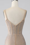 Sparkly Champagne Mermaid Spaghetti Straps Abito da ballo lungo con fessura