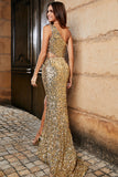 Una spalla dorata frangia paillettes glitter prom dress con fessura
