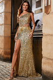 Una spalla dorata frangia paillettes glitter prom dress con fessura