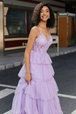 Princess A Line Spaghetti Straps Lilac Corsetto Prom Dress con appliques volant