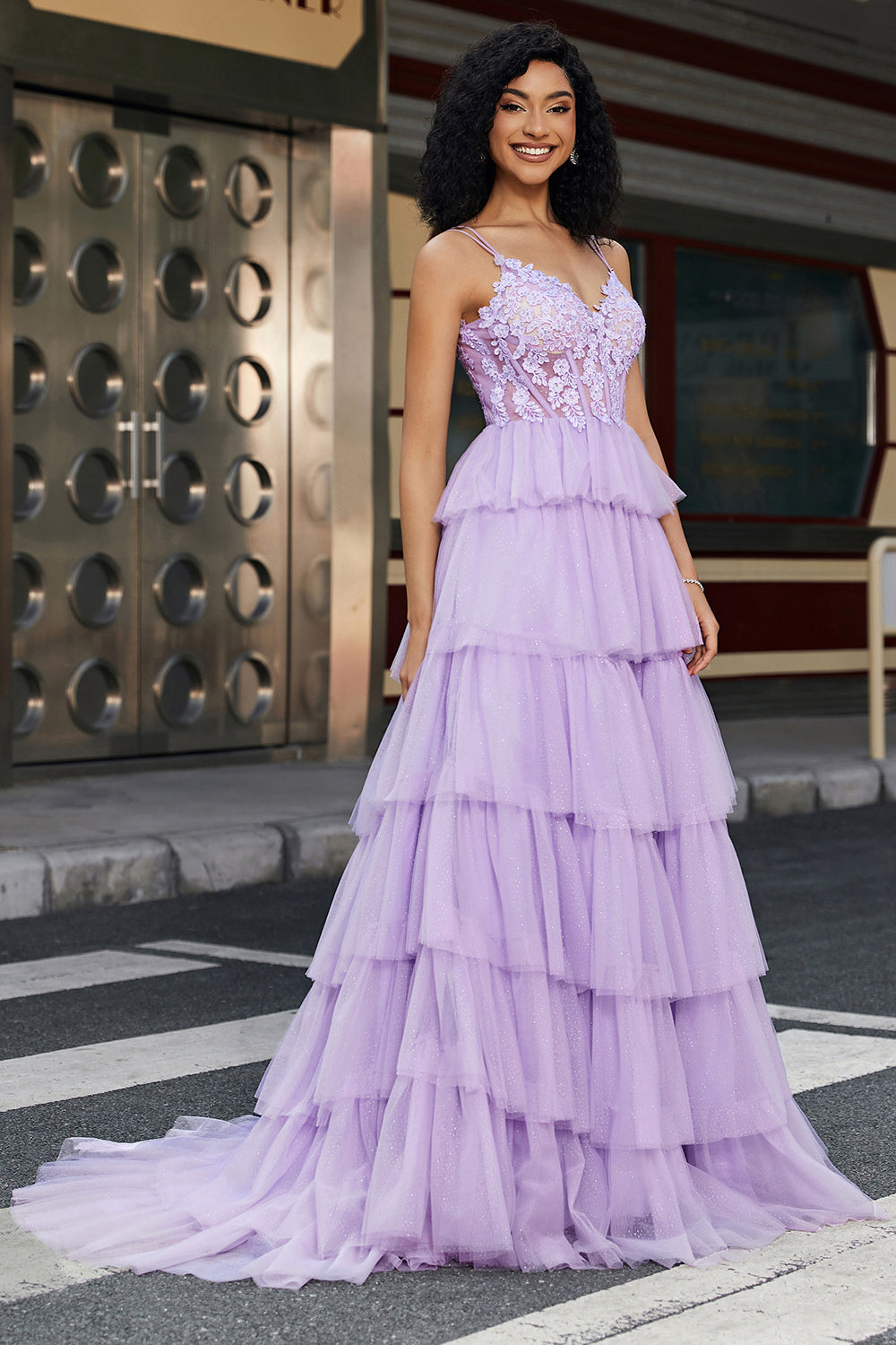 Princess A Line Spaghetti Straps Lilac Corsetto Prom Dress con appliques volant