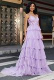 Princess A Line Spaghetti Straps Lilac Corsetto Prom Dress con appliques volant