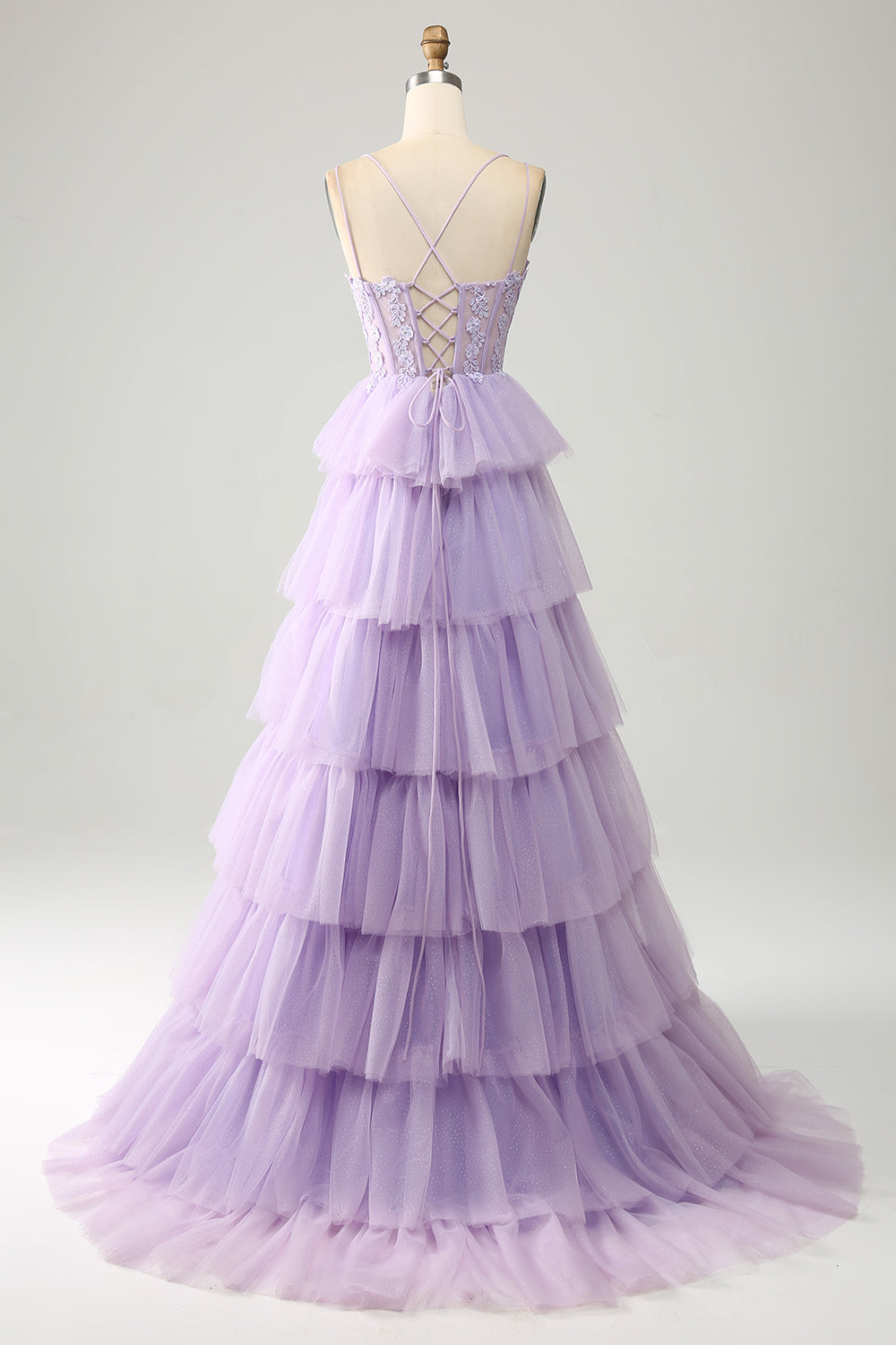 Tulle lilla a più livelli Principessa Corsetto Prom Dress con appliques