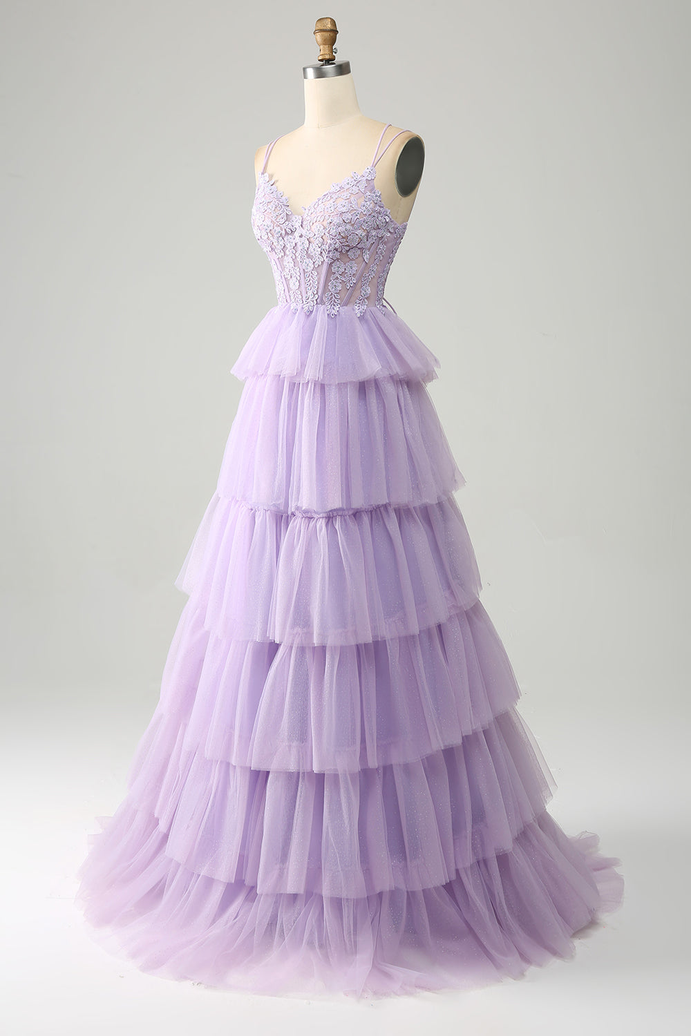 Tulle lilla a più livelli Principessa Corsetto Prom Dress con appliques