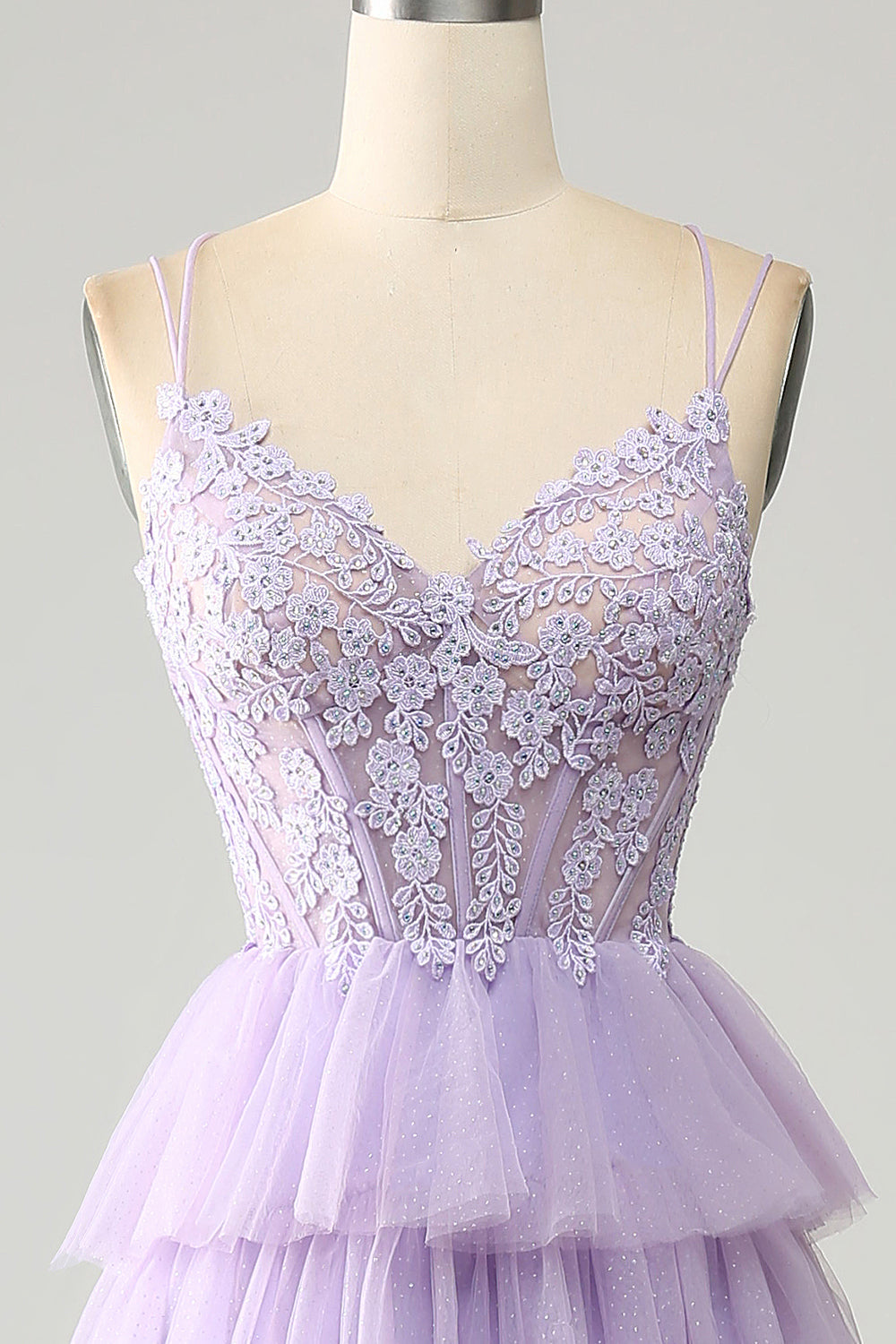 Tulle lilla a più livelli Principessa Corsetto Prom Dress con appliques