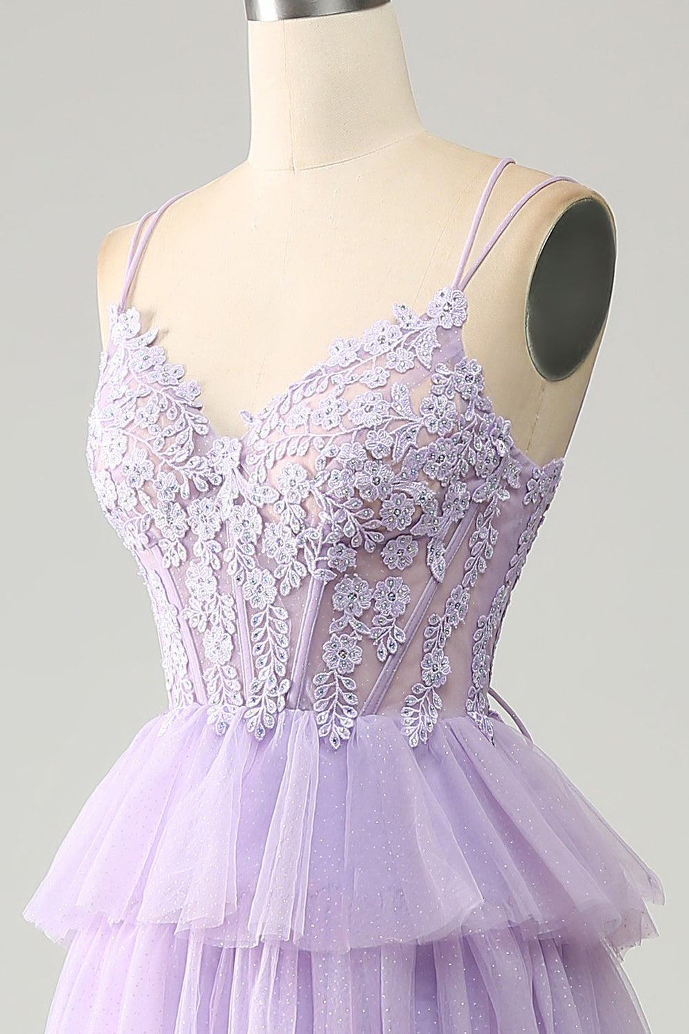 Tulle lilla a più livelli Principessa Corsetto Prom Dress con appliques
