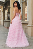 Rosa A-Line senza spalline a più livelli Corsetto lungo Prom Dress con pizzo