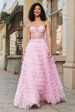Rosa A-Line senza spalline a più livelli Corsetto lungo Prom Dress con pizzo