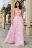 Rosa A-Line senza spalline a più livelli Corsetto lungo Prom Dress con pizzo