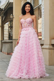 Rosa A-Line senza spalline a più livelli Corsetto lungo Prom Dress con pizzo