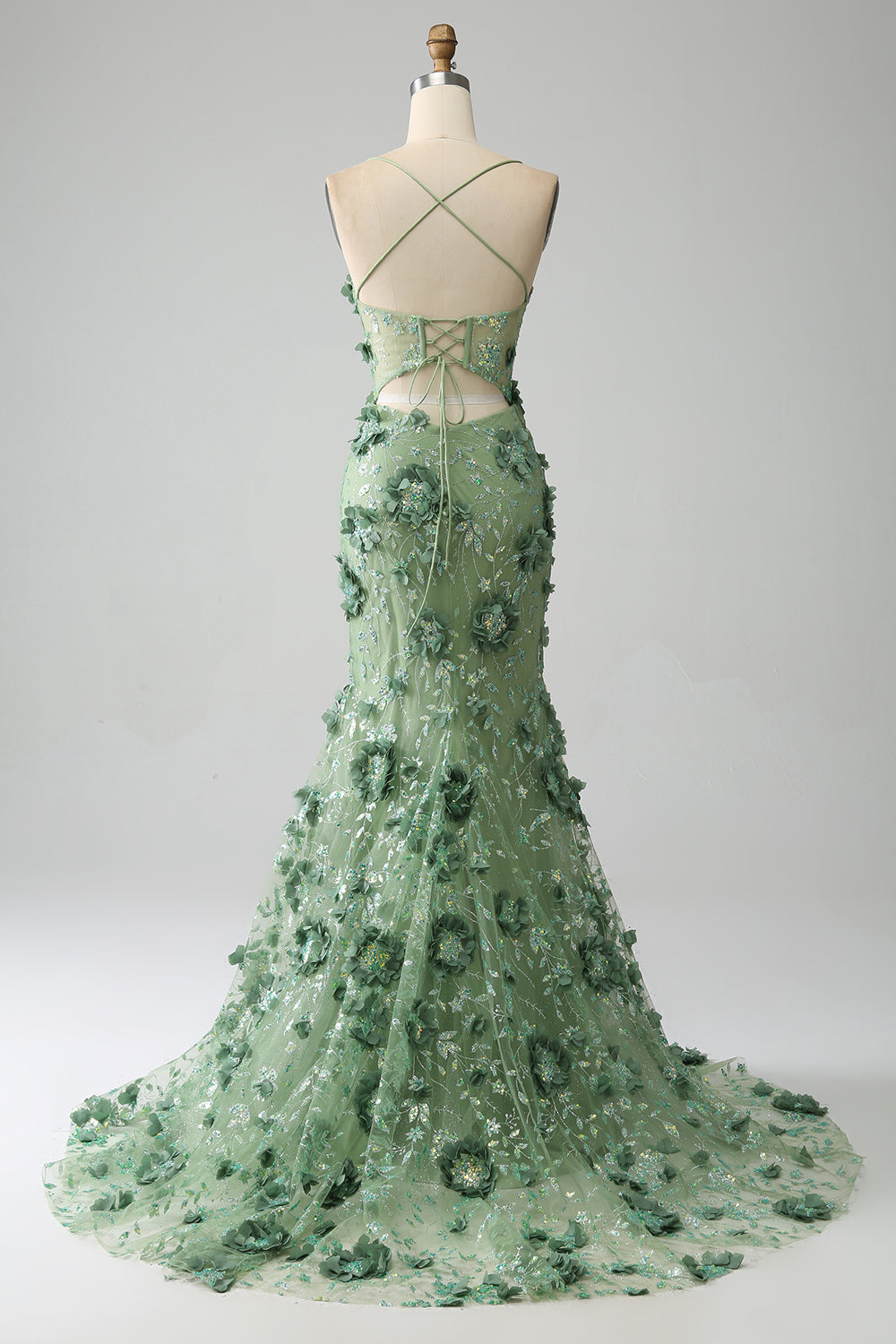 Sirena Spaghetti Straps Verde Corsetto Prom Dress con Appliques