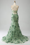 Sirena Spaghetti Straps Verde Corsetto Prom Dress con Appliques