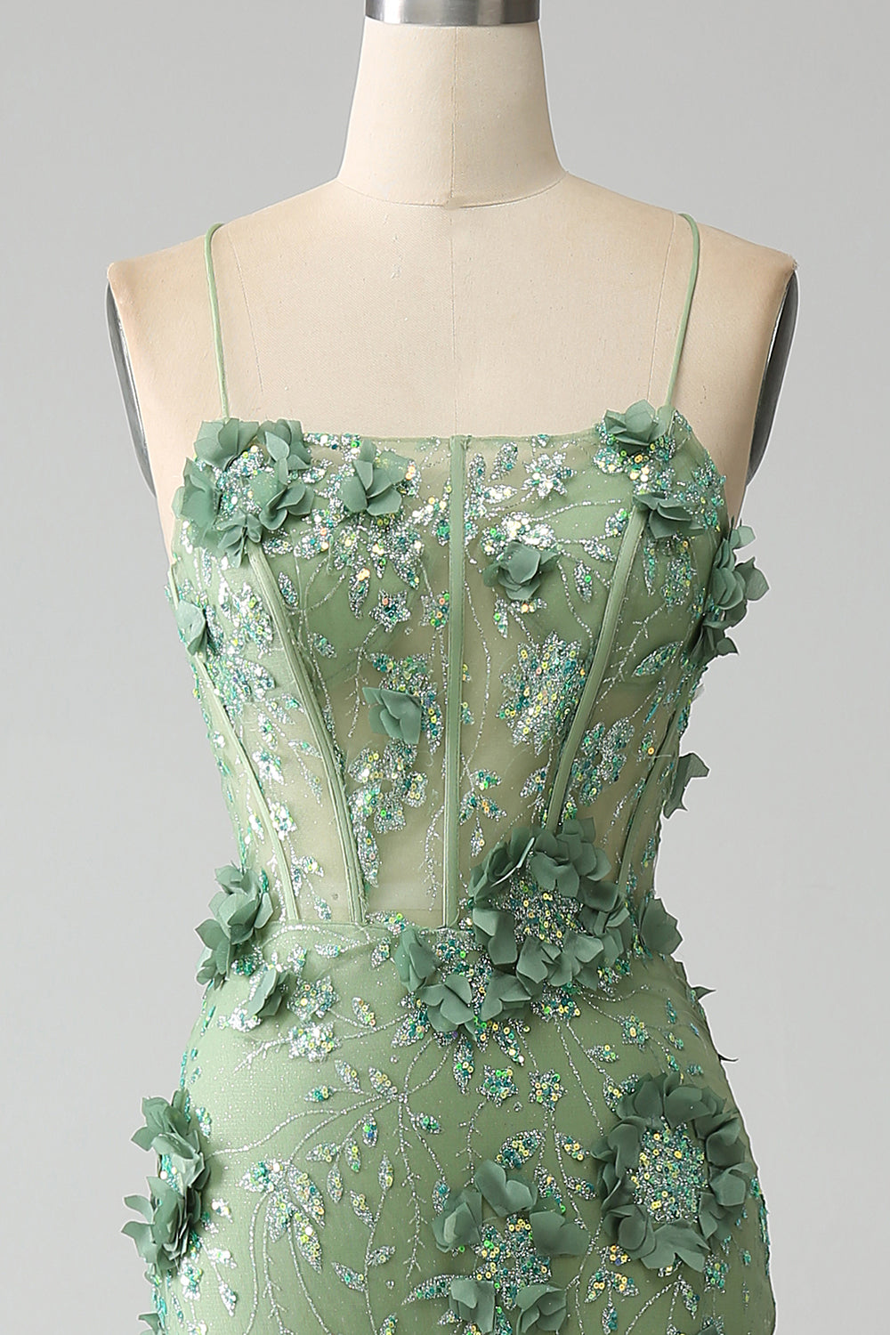 Sirena Spaghetti Straps Verde Corsetto Prom Dress con Appliques