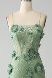 Sirena Spaghetti Straps Verde Corsetto Prom Dress con Appliques