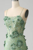 Sirena Spaghetti Straps Verde Corsetto Prom Dress con Appliques