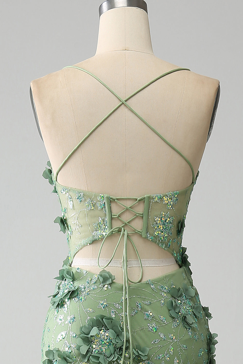 Sirena Spaghetti Straps Verde Corsetto Prom Dress con Appliques