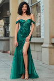 Elegante sirena Off the Shoulder Abito da ballo corsetto verde scuro con spacco anteriore