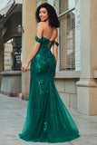 Elegante sirena Off the Shoulder Abito da ballo corsetto verde scuro con spacco anteriore