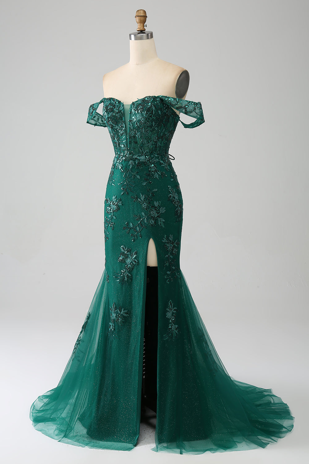 Sirena Off The Shoulder Abito da ballo verde scuro con applicazioni