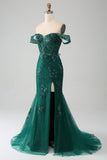 Sirena Off The Shoulder Abito da ballo verde scuro con applicazioni