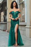 Elegante sirena Off the Shoulder Abito da ballo corsetto verde scuro con spacco anteriore