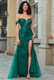 Elegante sirena Off the Shoulder Abito da ballo corsetto verde scuro con spacco anteriore