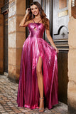 Dorato A-Line Spaghetti Straps plissettato Sparkly Prom Dress con fessura