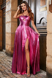 Hot Pink A-Line Spaghetti Straps plissettato Sparkly Prom Dress con fessura