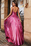 Dorato A-Line Spaghetti Straps plissettato Sparkly Prom Dress con fessura