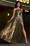 Dorato A-Line Spaghetti Straps plissettato Sparkly Prom Dress con fessura