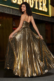 Dorato A-Line Spaghetti Straps plissettato Sparkly Prom Dress con fessura