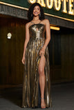 Dorato A-Line Spaghetti Straps plissettato Sparkly Prom Dress con fessura