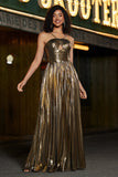 Dorato A-Line Spaghetti Straps plissettato Sparkly Prom Dress con fessura