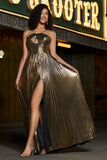 Dorato A-Line Spaghetti Straps plissettato Sparkly Prom Dress con fessura