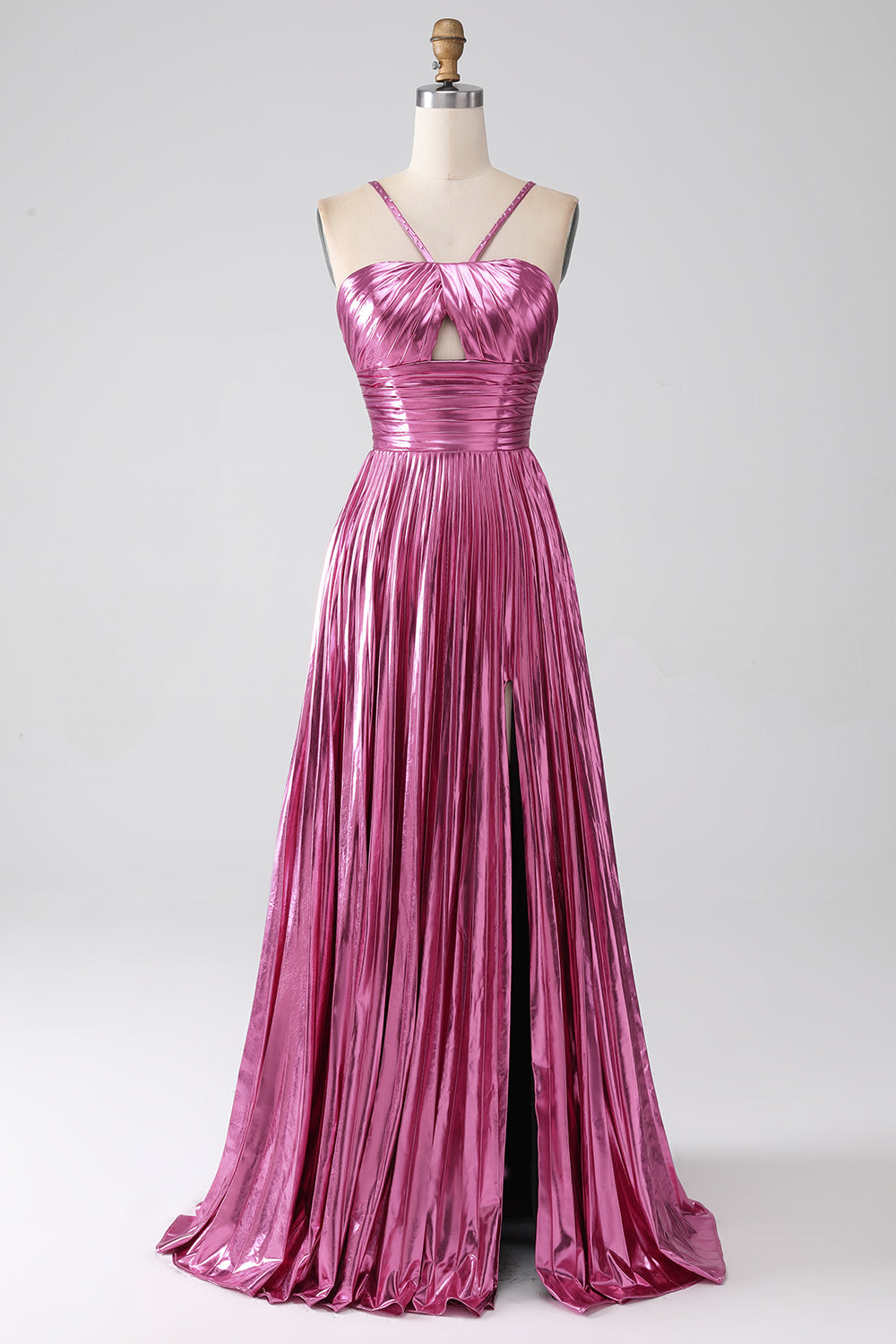 Abito da ballo plissettato fucsia A-Line con spalline sottili e spacco