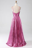Abito da ballo plissettato fucsia A-Line con spalline sottili e spacco