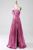 Abito da ballo plissettato fucsia A-Line con spalline sottili e spacco