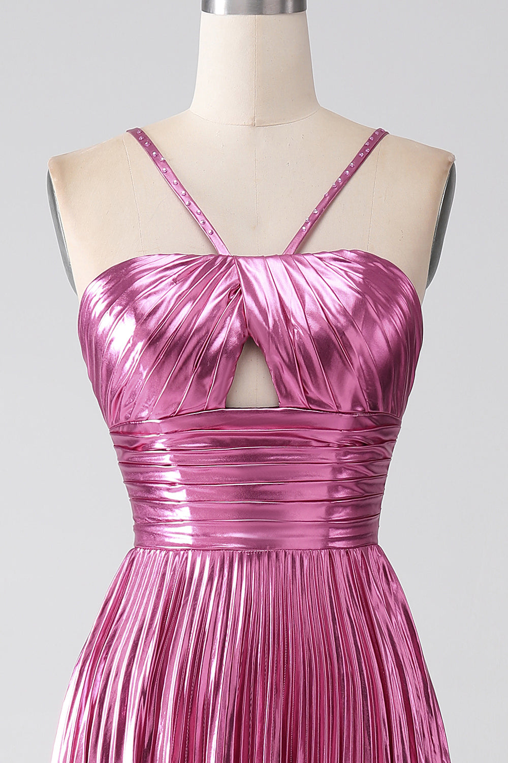 Abito da ballo plissettato fucsia A-Line con spalline sottili e spacco