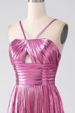 Abito da ballo plissettato fucsia A-Line con spalline sottili e spacco