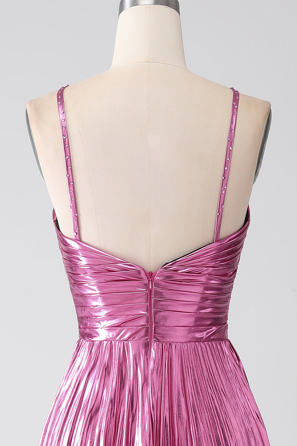 Abito da ballo plissettato fucsia A-Line con spalline sottili e spacco