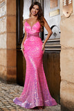 Hot Pink Glitter Mermaid Prom Dress con perline in vita