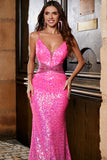 Hot Pink Glitter Mermaid Prom Dress con perline in vita