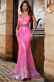 Hot Pink Glitter Mermaid Prom Dress con perline in vita