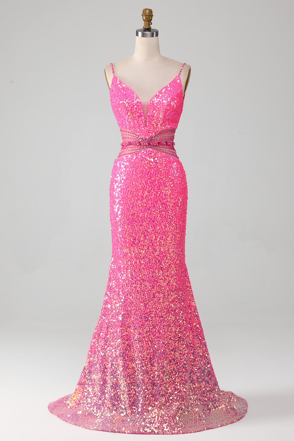 Hot Pink Spaghetti Straps Glitter Mermaid Prom Dress con perline in vita
