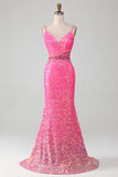 Hot Pink Spaghetti Straps Glitter Mermaid Prom Dress con perline in vita