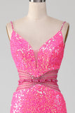 Hot Pink Spaghetti Straps Glitter Mermaid Prom Dress con perline in vita