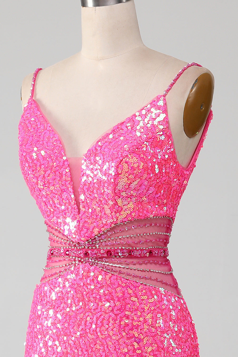 Hot Pink Spaghetti Straps Glitter Mermaid Prom Dress con perline in vita
