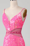 Hot Pink Spaghetti Straps Glitter Mermaid Prom Dress con perline in vita