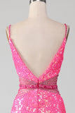Hot Pink Spaghetti Straps Glitter Mermaid Prom Dress con perline in vita
